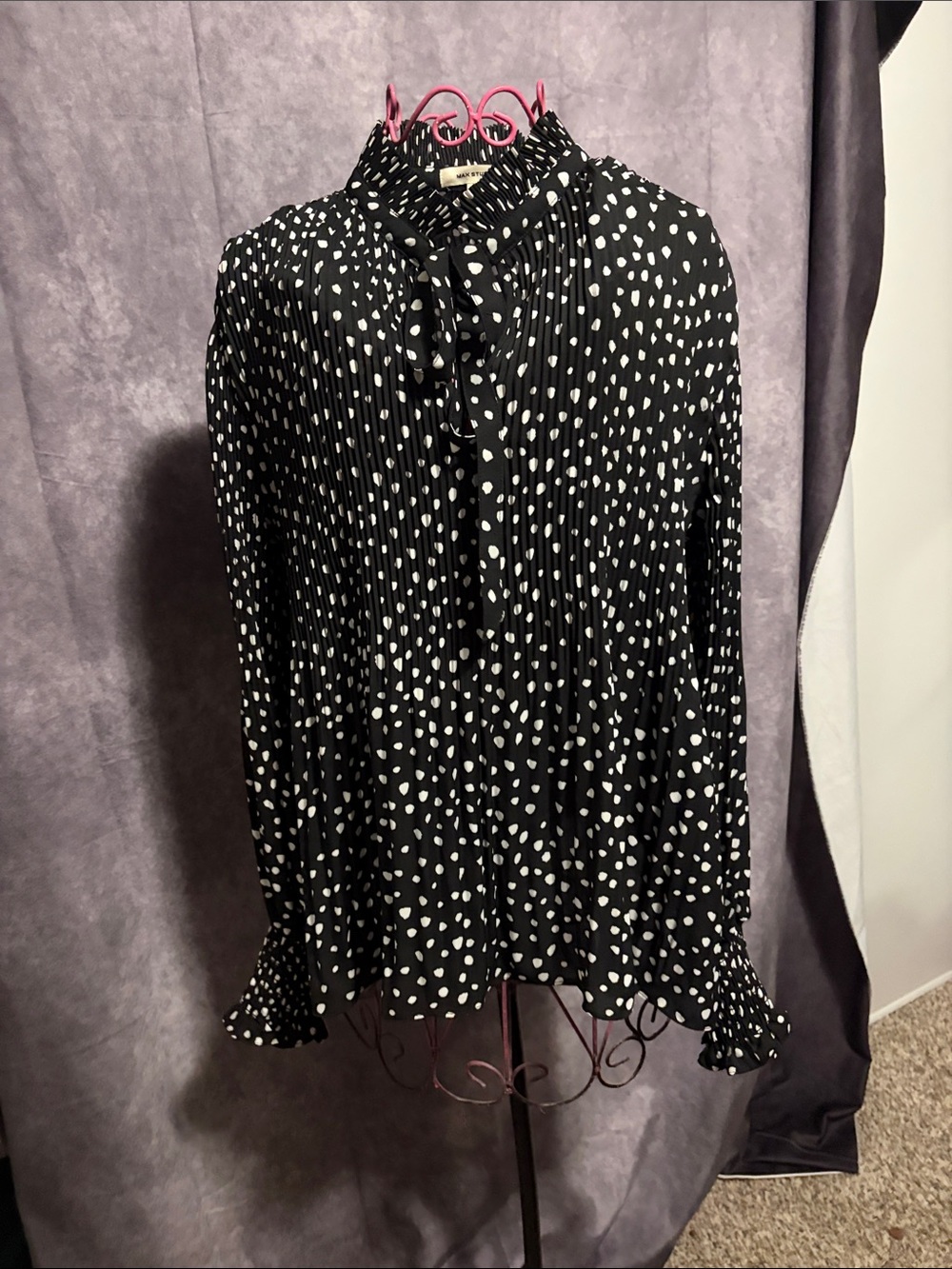 Max Studio Black and White Polka Dot Pleated Tie-Neck Blouse